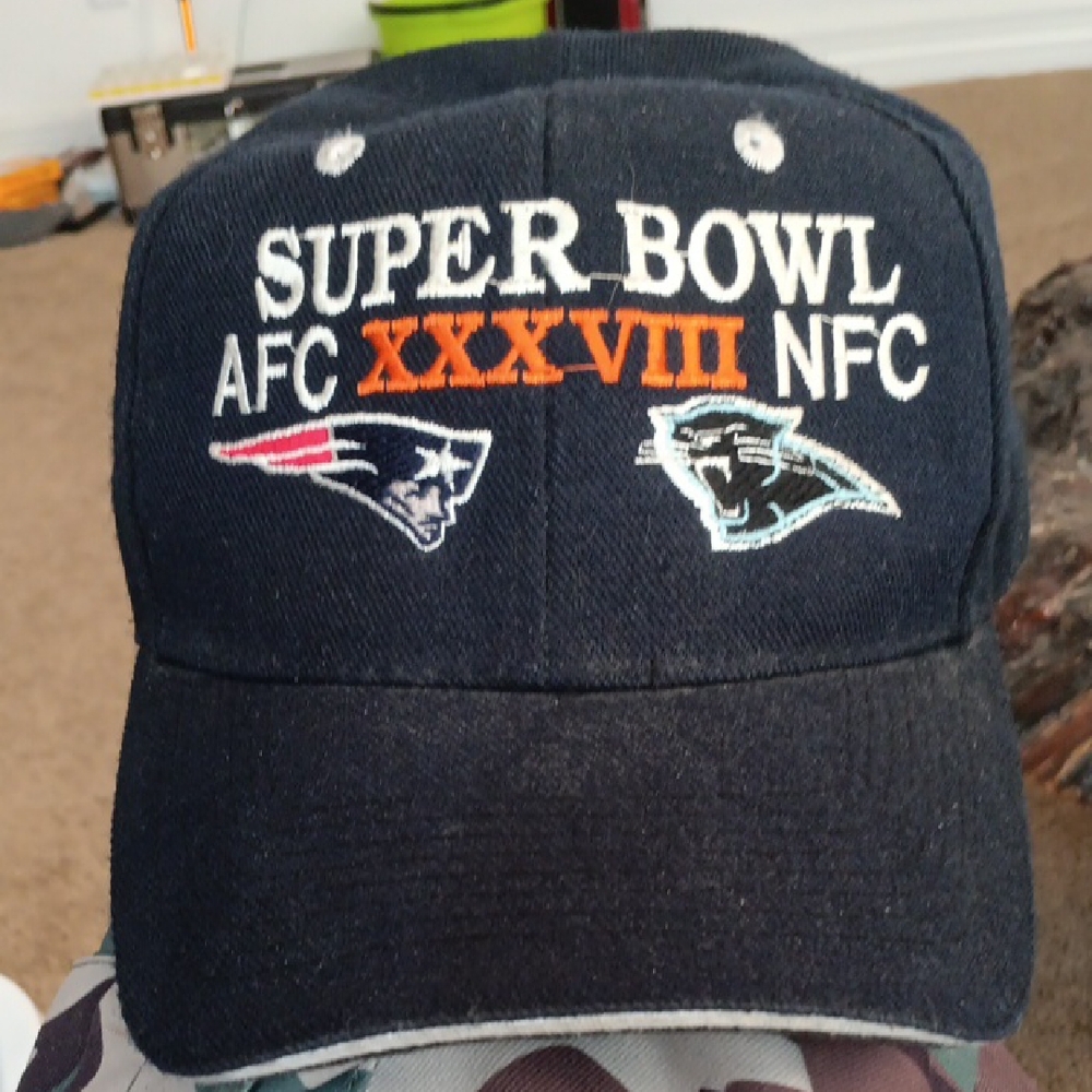 NFL Super Bowl XXXVIII Navy Blue Hat with Orange and White Embroidery